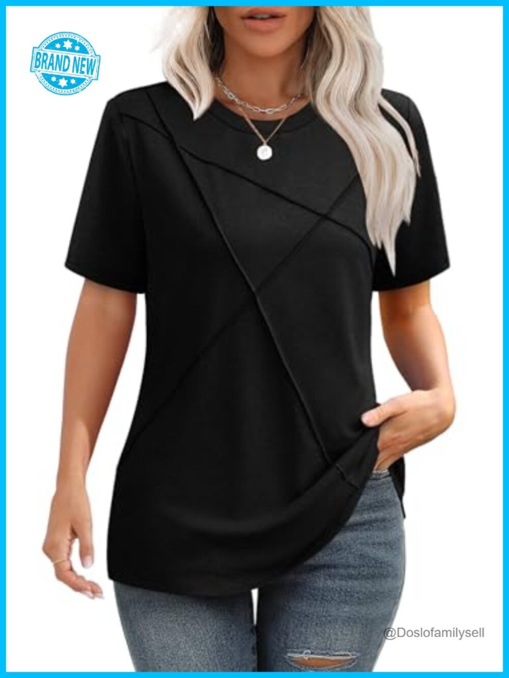 Womens Pleated Short Sleeve T-Shirt Business Casual Top Round Neck